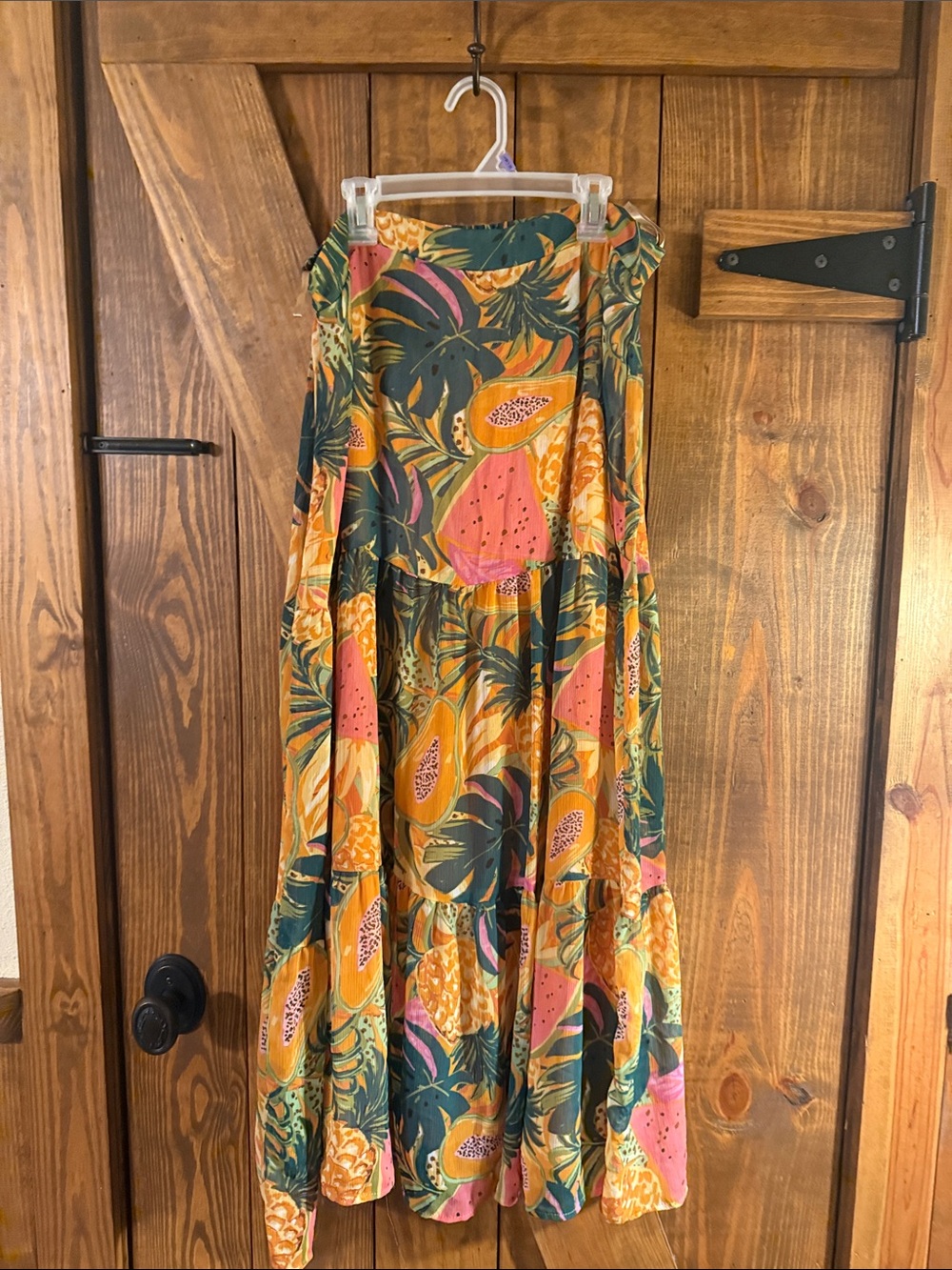 Tropical Fruit Print Maxi Skirt — Mustard, Green & Pink